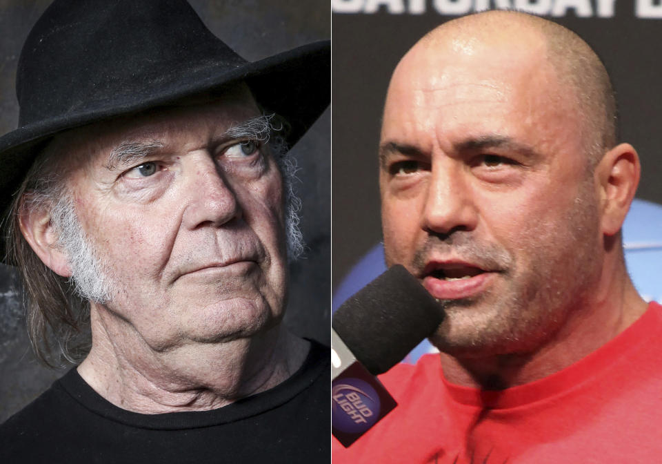 This combination photo shows Neil Young in Calabasas, Calif., on May 18, 2016, left, and UFC announcer and podcaster Joe Rogan before a UFC on FOX 5 event in Seattle, Dec. 7, 2012. Spotify said Sunday, Jan. 30, 2022, that it will add content advisories before podcasts discussing the coronavirus. The move follows protests of the music streaming service that were kicked off by Young over the spread of COVID-19 vaccine misinformation. On Wednesday, Young had his music removed from Spotify after the tech giant declined to remove episodes of “The Joe Rogan Experience,” which has been criticized for spreading virus misinformation. (AP Photo)