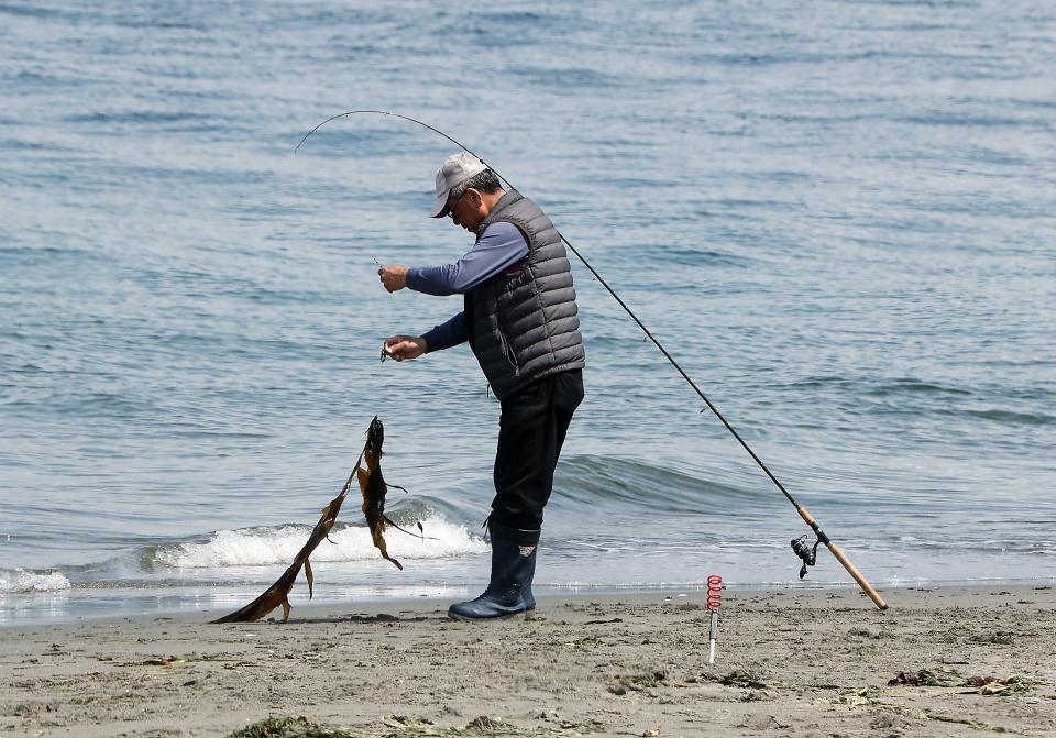 An angler removes seaweed from his line while fishing from the shore at Point No Point in Hansville on Monday, May 23, 2022.