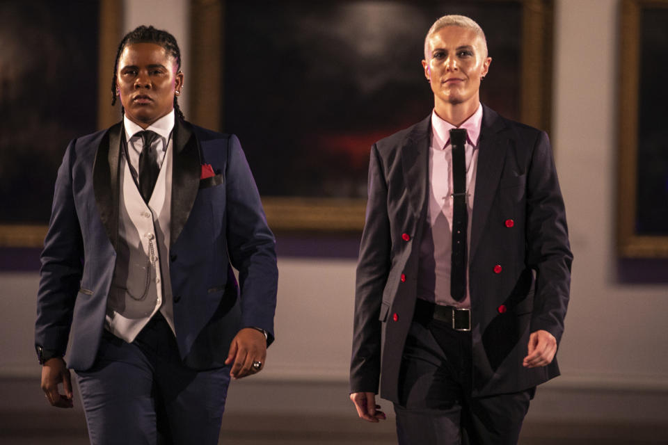 The Shane Ave. collection is modeled during the dapperQ fashion show at the Brooklyn Museum on Thursday Sept. 5, 2019, in New York. (AP Photo/Jeenah Moon)