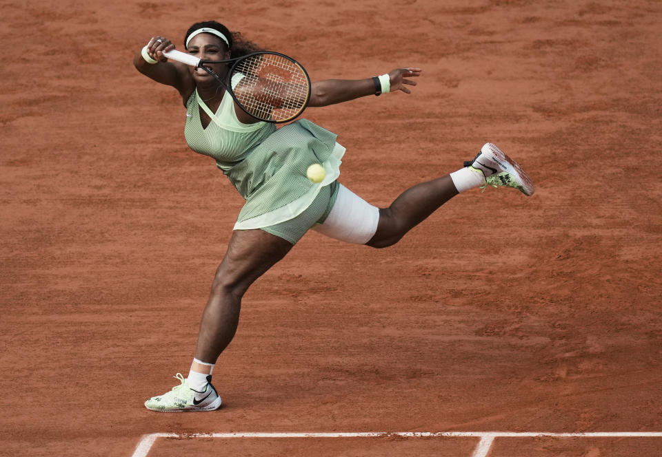 United States Serena Williams plays a return to Kazakhstan's Elena Rybakina during their fourth round match on day 8, of the French Open tennis tournament at Roland Garros in Paris, France, Sunday, June 6, 2021. (AP Photo/Thibault Camus)