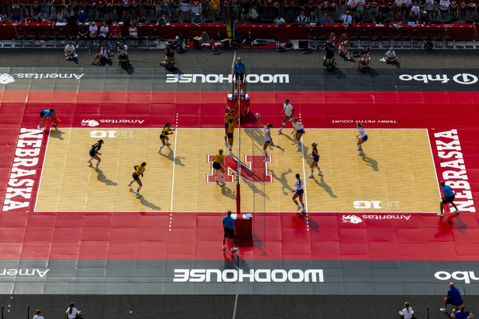 Wayne State takes on Nebraska-Kearney during a college volleyball match at Memorial Stadium on Wednesday, Aug. 30, 2023, in Lincoln, Neb. (Kenneth Ferriera/Lincoln Journal Star via AP)