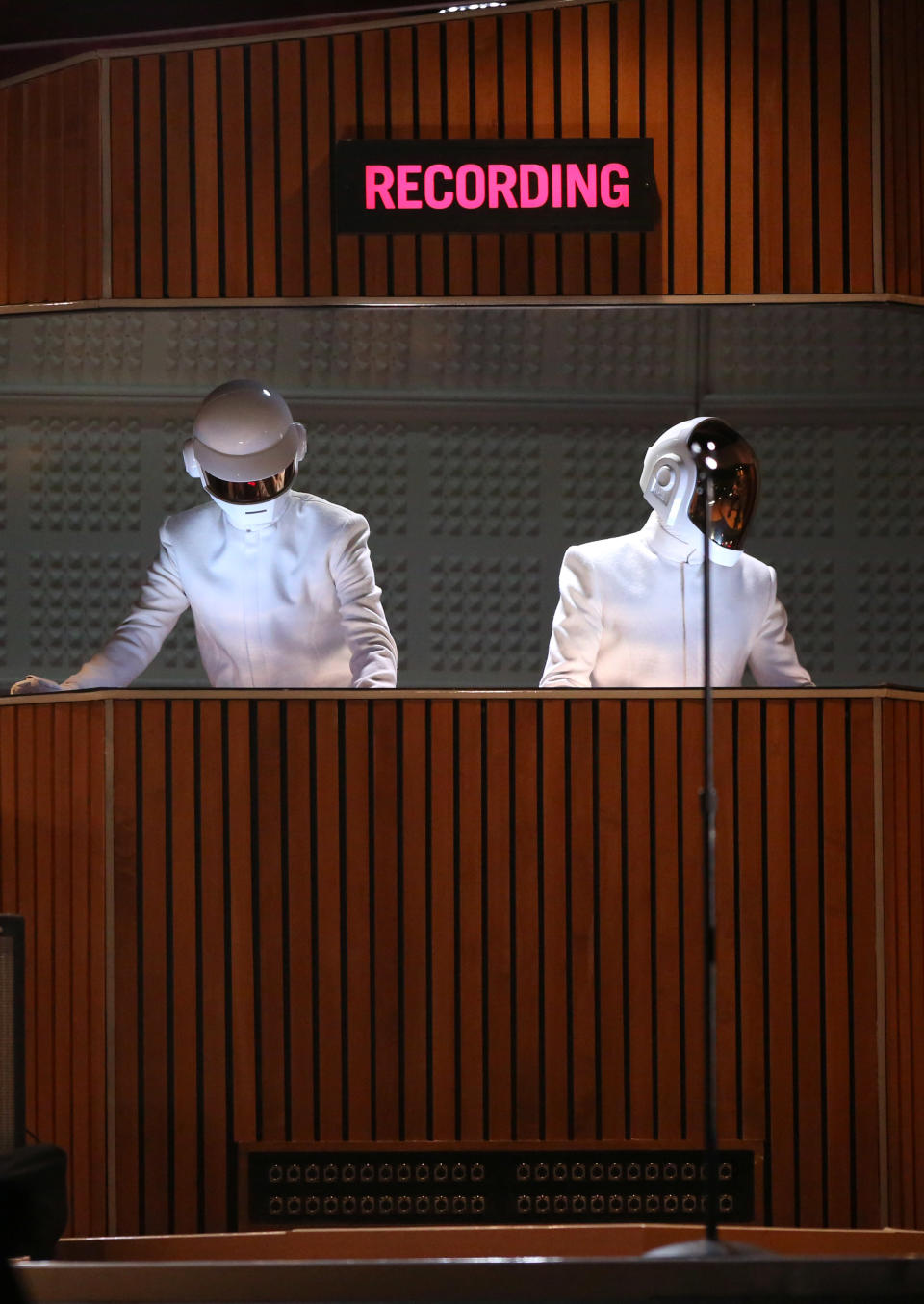 Thomas Bangalter, left, and Guy-Manuel de Homem-Christo of Daft Punk perform at the 56th annual Grammy Awards at Staples Center on Sunday, Jan. 26, 2014, in Los Angeles. (Photo by Matt Sayles/Invision/AP)