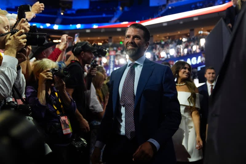 Donald Trump Jr., arrives during the first day of the Republican National Convention, Monday, July 15, 2024, in Milwaukee. | Evan Vucci