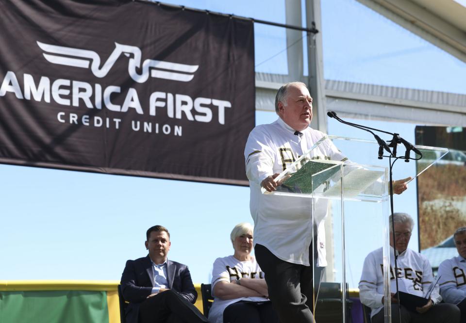 Thayne Shaffer, president/CEO of America First Credit Union, speaks at the celebration and groundbreaking event for the new Salt Lake Bees ballpark and Phase 1 of Downtown Daybreak in South Jordan on Thursday, Oct. 19, 2023. | Laura Seitz, Deseret News