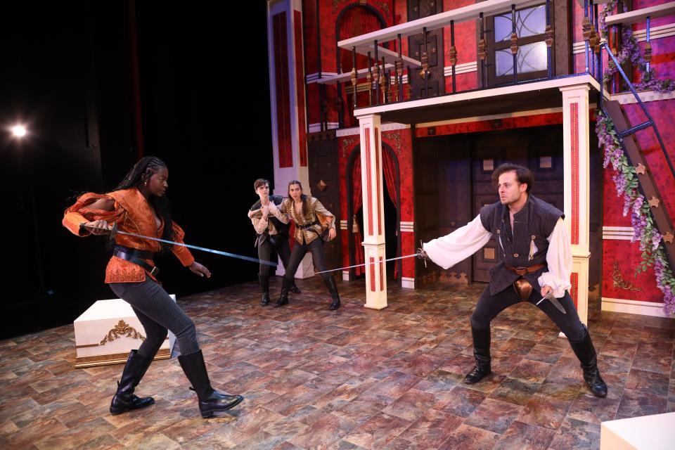 A climactic sword fight between Jasmyn Ackah as Mercutio and John Leggett as Tybalt (as Caitlin Rose and Ayda Ozdoganlar look on) in the FSU/Asolo Conservatory production of “Romeo and Juliet.”