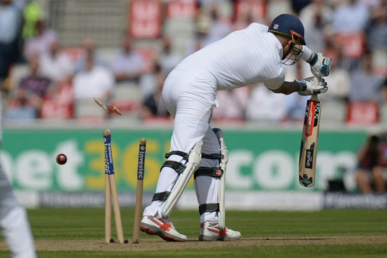 England's Alex Hales is dismissed by Pakistan bowler Mohammad Amir on the first day of the second Test at Old Trafford on July 22, 2016