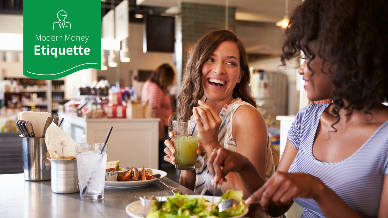 modern money etiquette two-women-enjoying-lunch-date-in-delicatessen-restaurant-picture-id638005184