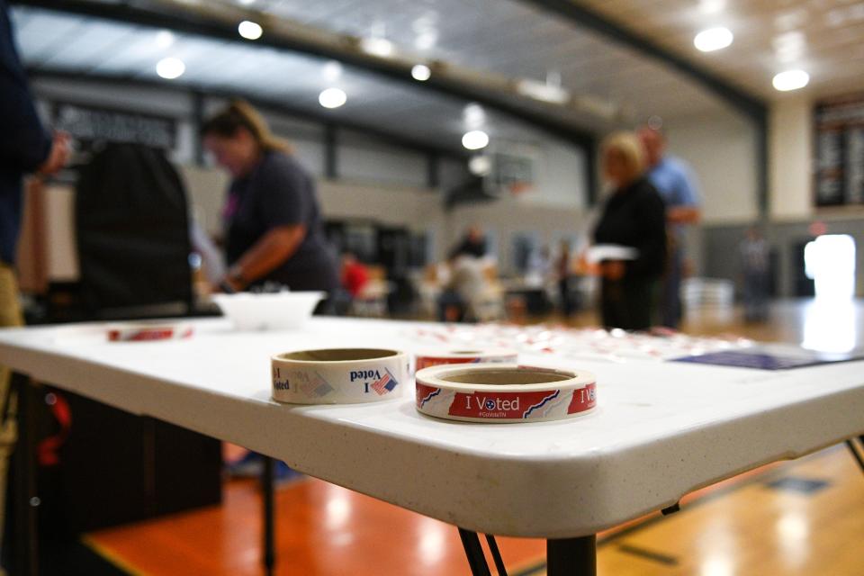 "I Voted" stickers are ready to be distributed to voters at Powell High School (Clark Duncan Complex) on primary Election Day in Knox County on Tuesday, March 5, 2024.