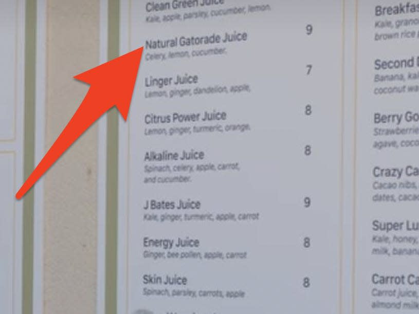 arrow pointing at "natural gatorade" on the menu at the country club in do revenge