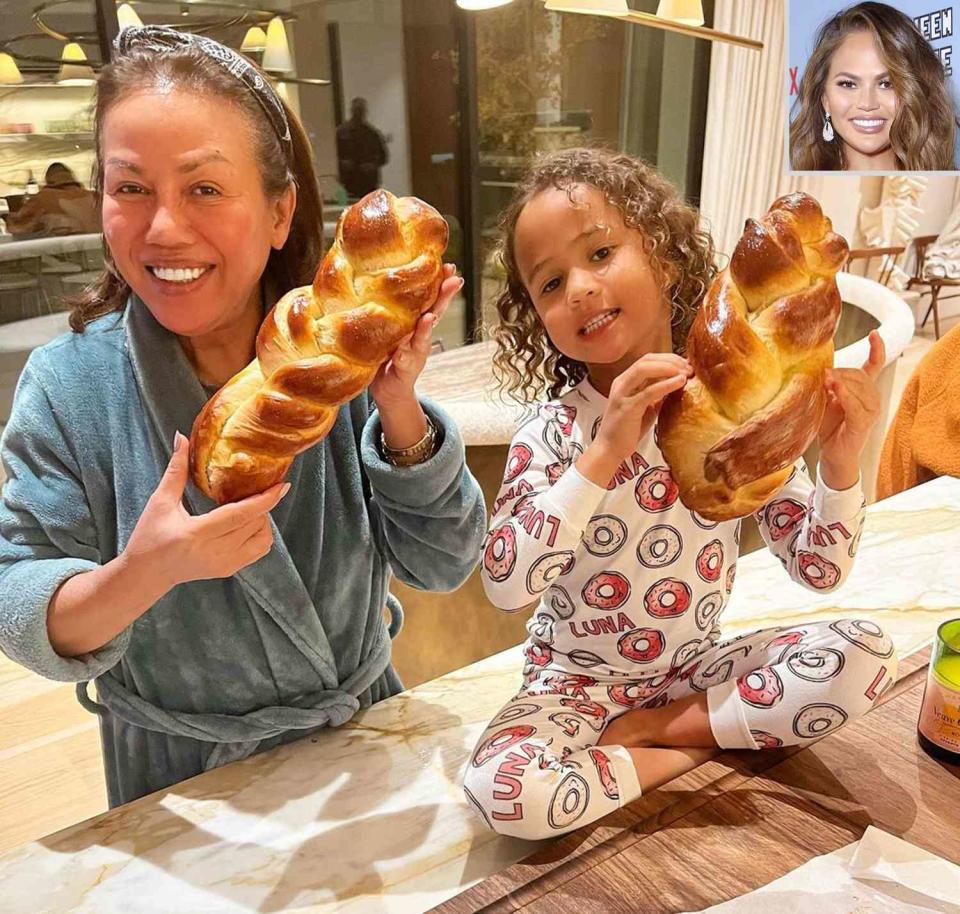 <p>"Mom and Luna's first time making bread!! I let them have fun with my challah dough. I couldn't braid mine for the life of me, I tried so hard and just couldn't get it right! So not pictured: my 6 strand challah 😭," wrote the <a href="https://people.com/tag/chrissy-teigen/" rel="nofollow noopener" target="_blank" data-ylk="slk:Cravings: All Together author;elm:context_link;itc:0;sec:content-canvas" class="link "><em>Cravings: All Together</em> author</a>, who shared a <a href="https://www.instagram.com/p/CXMnZhBPbIM/?utm_source=ig_web_copy_link" rel="nofollow noopener" target="_blank" data-ylk="slk:wholesome pic;elm:context_link;itc:0;sec:content-canvas" class="link ">wholesome pic</a> of her daughter Luna and mother <a href="https://people.com/parents/chrissy-teigen-people-2021-beautiful-issue-cover/" rel="nofollow noopener" target="_blank" data-ylk="slk:Vilailuck "Pepper" Teigen;elm:context_link;itc:0;sec:content-canvas" class="link ">Vilailuck "Pepper" Teigen</a> showing off their challah braiding skills.</p>