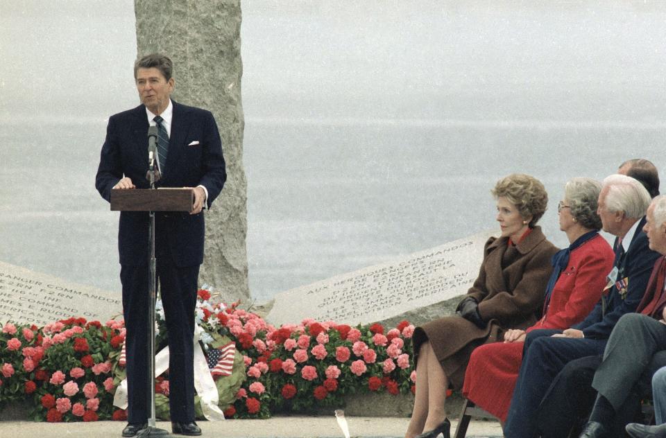 President Ronald Reagan delivers a speech at the Pointe du Hoc Memorial in Normandy, France, June 6, 1984, during commemorative ceremonies of the 40th anniversary of the Allied landing in Normandy in 1944.