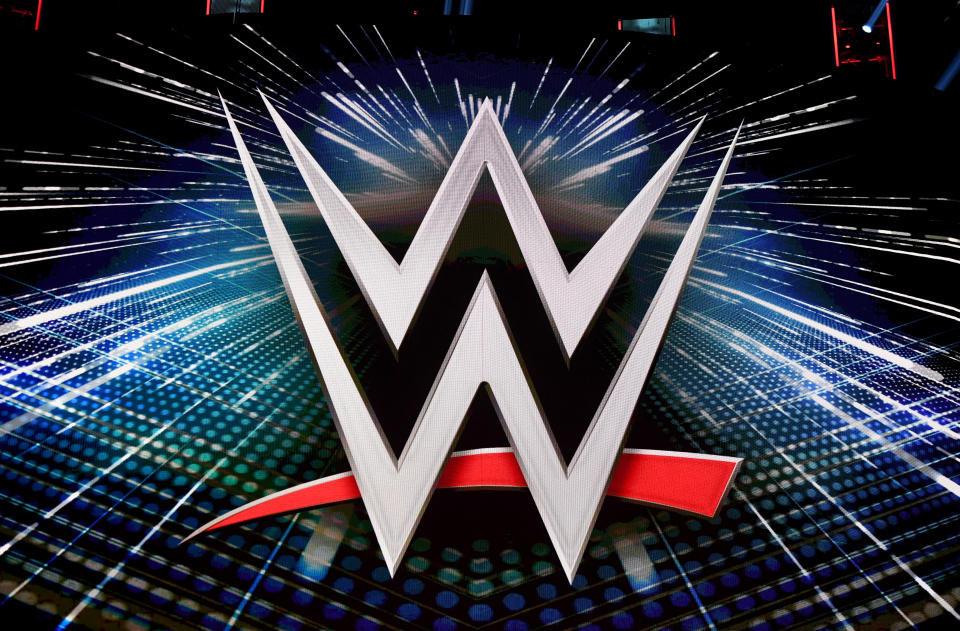 LAS VEGAS, NEVADA - OCTOBER 11:  A WWE logo is shown on a screen before a WWE news conference at T-Mobile Arena on October 11, 2019 in Las Vegas, Nevada. It was announced that WWE wrestler Braun Strowman will face heavyweight boxer Tyson Fury and WWE champion Brock Lesnar will take on former UFC heavyweight champion Cain Velasquez at the WWE's Crown Jewel event at Fahd International Stadium in Riyadh, Saudi Arabia on October 31.  (Photo by Ethan Miller/Getty Images)