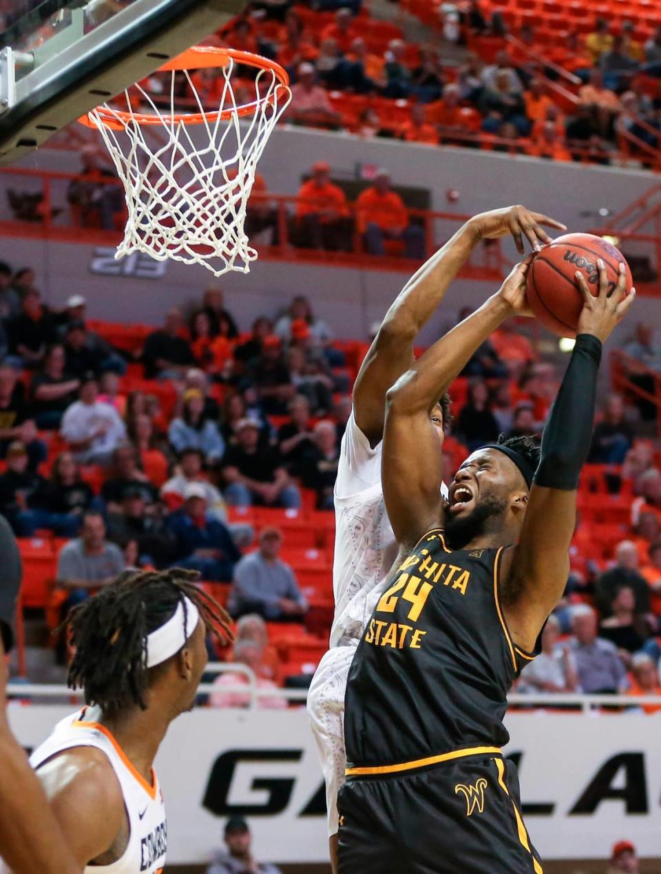 Wichita State’s Morris Udeze goes to the basket against Oklahoma State during the second half on Wednesday in Stillwater.