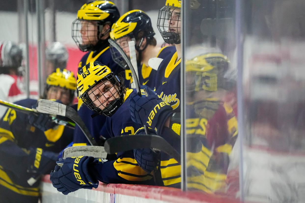 Feb 2, 2024; Columbus, Ohio, USA; Michigan Wolverines defenseman Luca Fantilli (63) watches from the bench during the NCAA men’s hockey game against the Ohio State Buckeyes at Value City Arena.