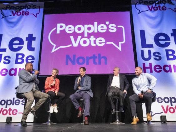 Talking heads: (from left) John Barnes, Allison Curbishley, Alastair Campbell, Peter Reid and Garreth Carvell during June’s People’s Vote rally in Leeds (PA)