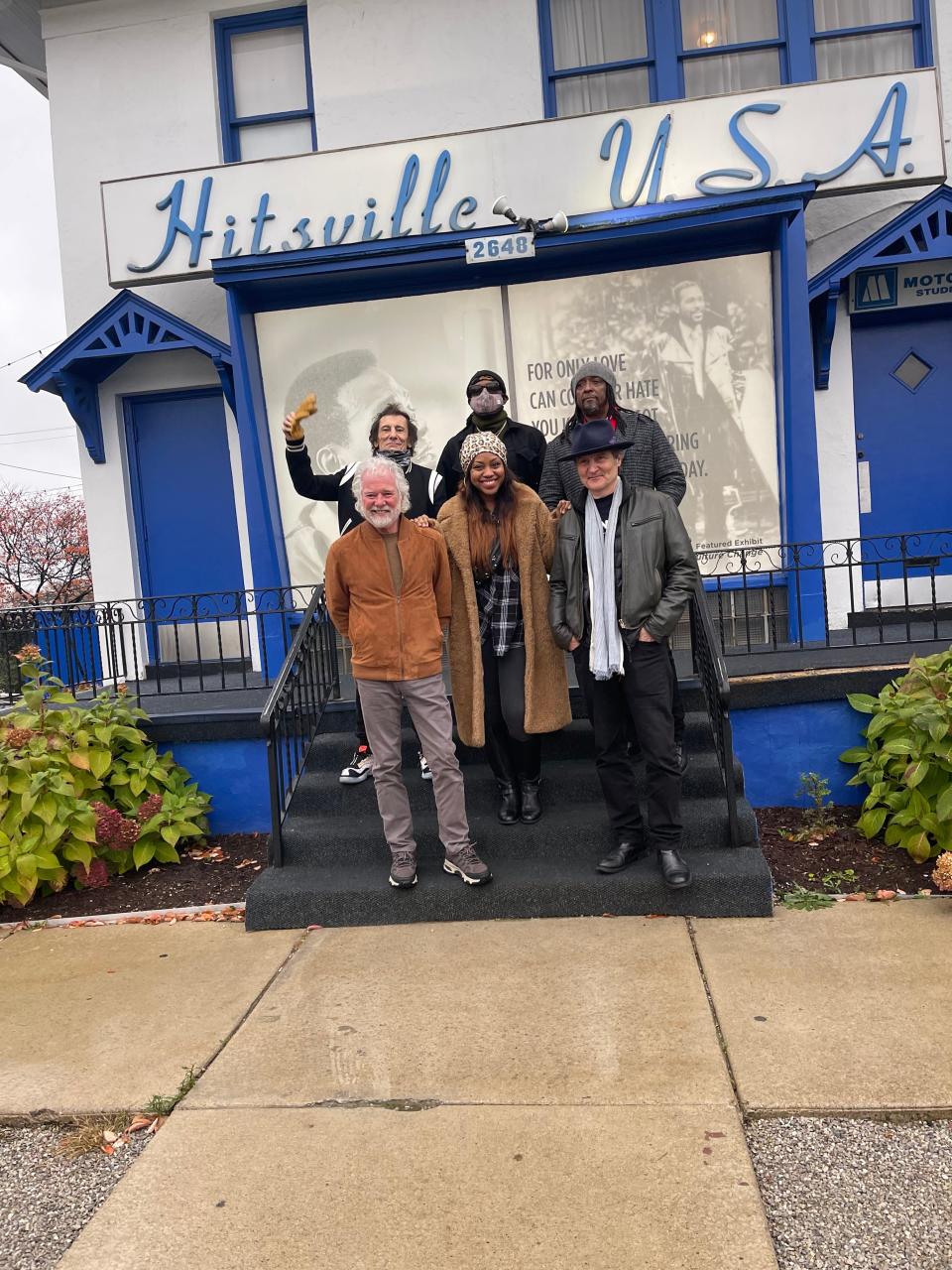 The Rolling Stones' Ronnie Wood (rear left) with Stones touring musicians Chuck Leavell, Daryl Jones, Tim Ries, Bernard Fowler and Sasha Allen at Detroit's Motown Museum on Sunday, Nov. 14, 2021.