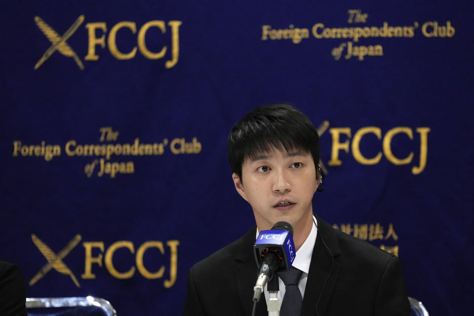 Taiwanese table tennis player Chiang Hung-chieh, former husband of Ai Fukuhara, Japanese table tennis star, speaks during a news conference at the Foreign Correspondents' Club of Japan (FCCJ) in Tokyo, Japan, Thursday, July 27, 2023. Japan’s once beloved table tennis star Ai Fukuhara is at the center of a child custody feud following the break-up of her marriage to a Taiwanese player who was also a star in the sport in his country. (AP Photo/Shuji Kajiyama)