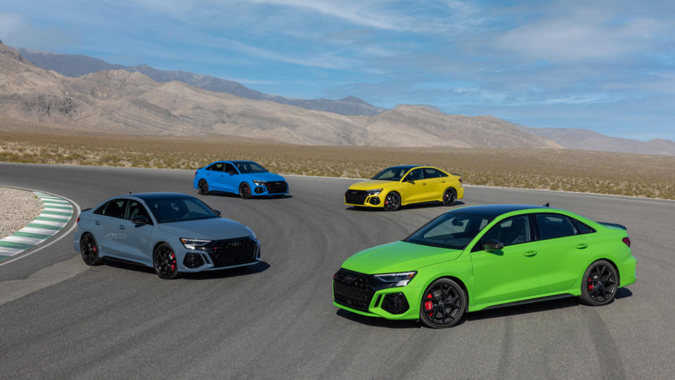 Available colors for the RS 3 comprise Kemora Gray, Turbo Blue, Python Yellow and Kyalami Green. - Credit: Audi AG