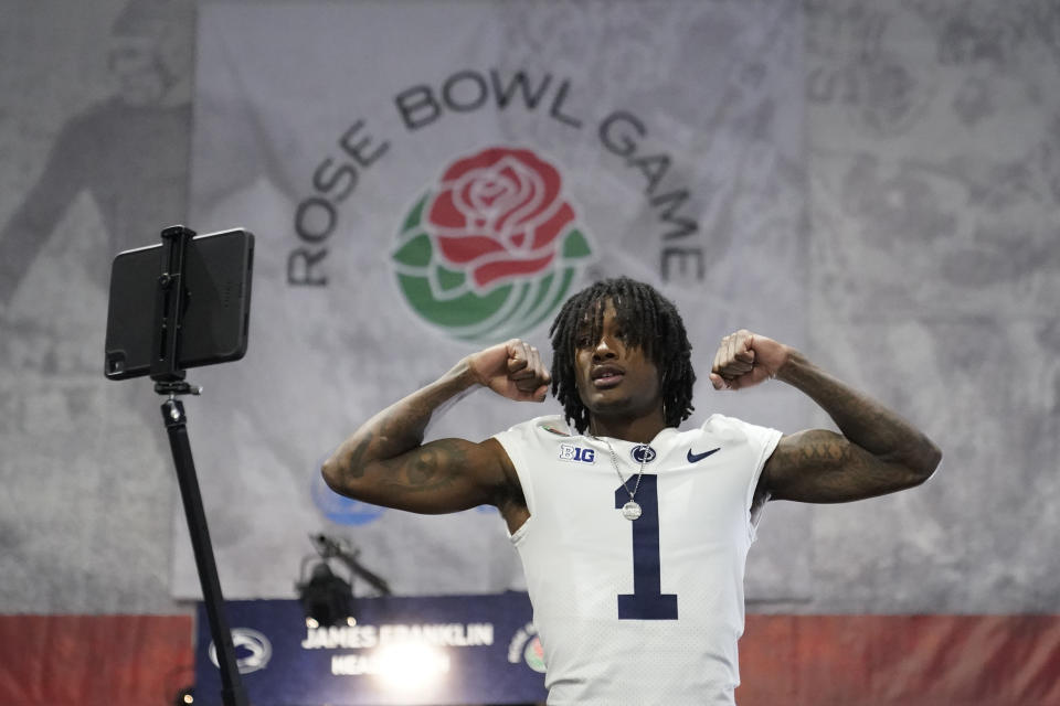 Penn State wide receiver KeAndre Lambert-Smith (1) poses for a video during media day ahead of the Rose Bowl NCAA college football game against Utah Saturday, Dec. 31, 2022, in Pasadena, Calif. (AP Photo/Marcio Jose Sanchez)