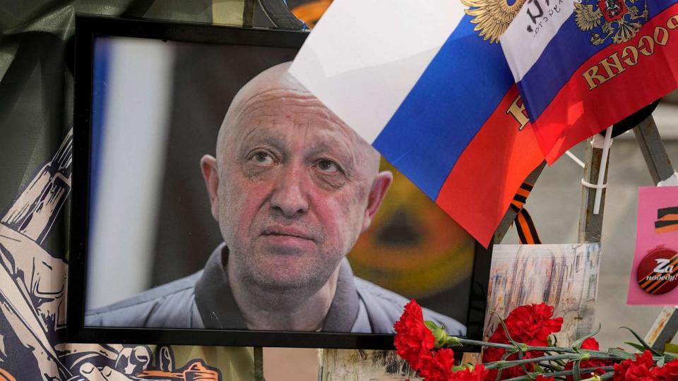 PHOTO: A portrait of the owner of private military company Wagner Group Yevgeny Prigozhin lays at an informal street memorial near the Kremlin in Moscow, Russia, Saturday, Aug. 26, 2023. (Alexander Zemlianichenko/AP)