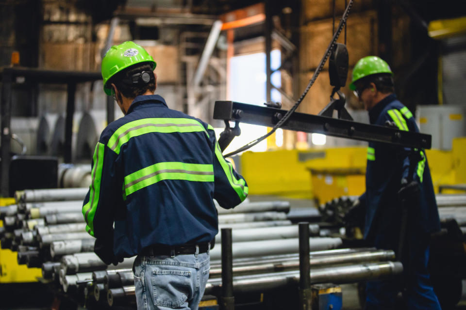 Employees work at the NLMK Pennsylvania plant in Farrell, Pennsylvania. <p>Bloomberg/Getty Images</p>