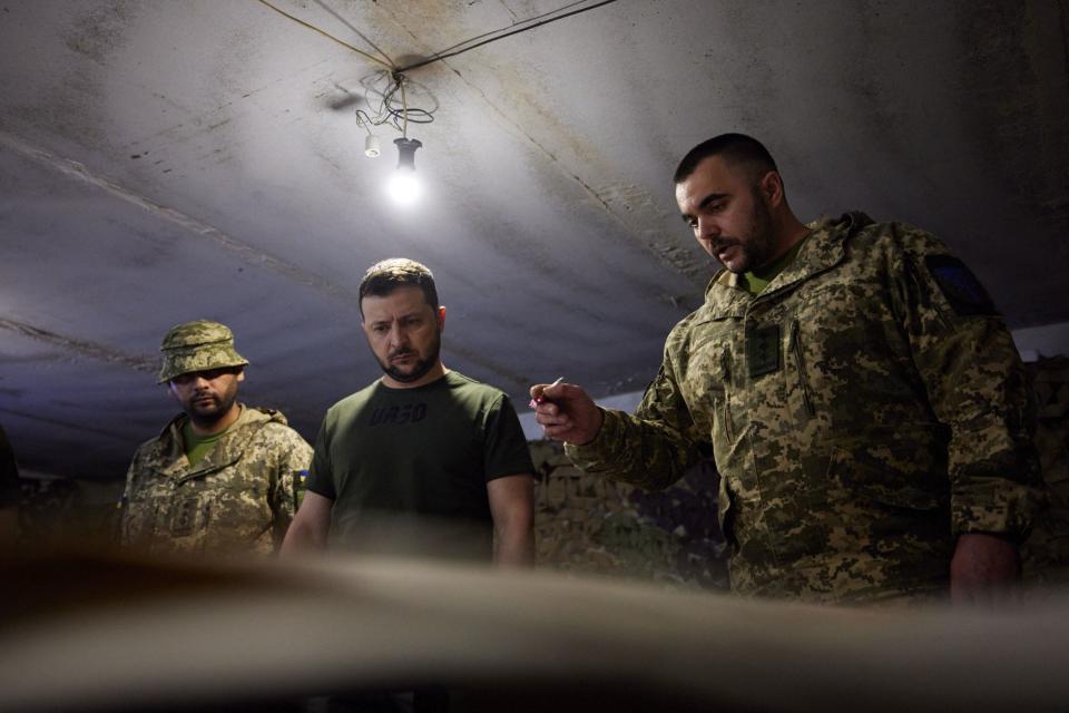 Ukrainian President Volodymyr Zelenskyy visits front-line military positions June 5 in the Zaporizhzhia region.