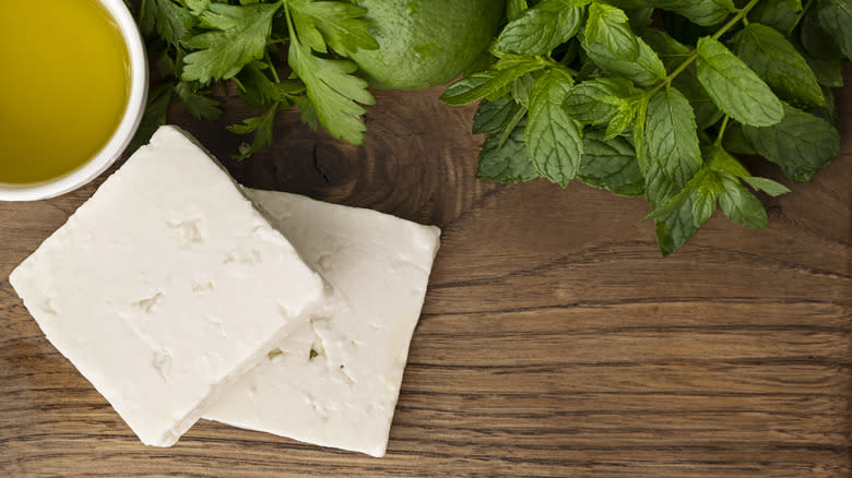 Feta with herbs on board