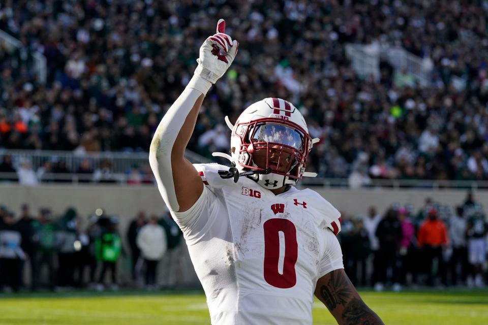 Wisconsin running back Braelon Allen reacts after a touchdown during the first half against Michigan State, Saturday, Oct. 15, 2022, in East Lansing, Mich.