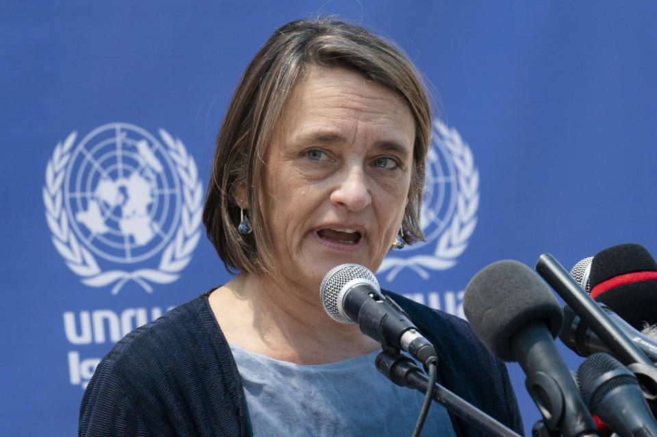 Lynn Hastings, of Canada, United Nations Deputy Special Coordinator for the Middle East Peace Process and Resident Coordinator and Humanitarian Coordinator for the Occupied Palestinian Territory speaks during a news conference at their compound following a cease-fire reached after an 11-day war between Gaza's Hamas rulers and Israel, Sunday, May 23, 2021, in Gaza City. (AP Photo/John Minchillo)