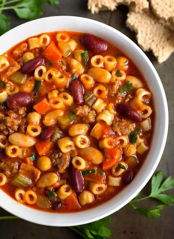 <p>Simply Happy Foodie</p><p>Instant Pot pasta e fagioli (which means “Pasta and Beans”) is a hearty peasant-style soup that is a traditional Italian one-pot meal.</p><p><strong>Get the recipe: <a href="https://www.simplyhappyfoodie.com/instant-pot-pasta-e-fagioli/" rel="nofollow noopener" target="_blank" data-ylk="slk:Instant Pot Pasta e Fagioli;elm:context_link;itc:0;sec:content-canvas" class="link rapid-noclick-resp">Instant Pot Pasta e Fagioli</a></strong></p>