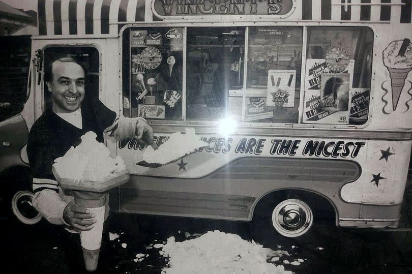 Peter Schiavo senior (aka Vinny) outside his ice cream van holding a traffic cone full of ice