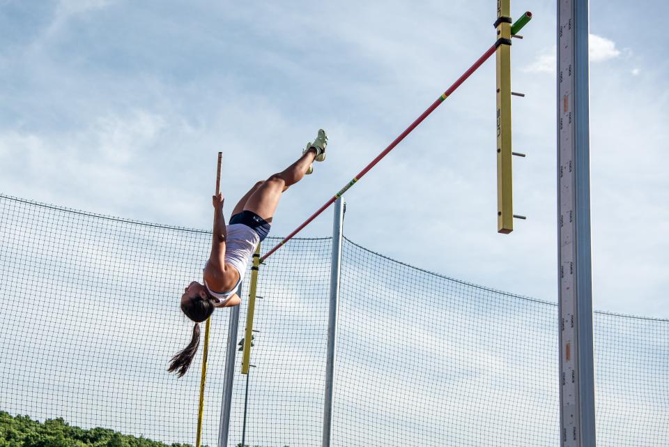 The first day of the North 1 group 2 and 3 state sectional track meet takes place on the Vernon High School track on Friday June 3, 2022. Old Tappan's Jamie Kim competes in the pole vault.