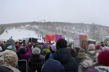 Protesters attend a rally led by Chelsea Handler after the Women's March at the Sundance Film Festival in Park City, Utah, U.S. January 21, 2017. REUTERS/Piya Sinha-Roy