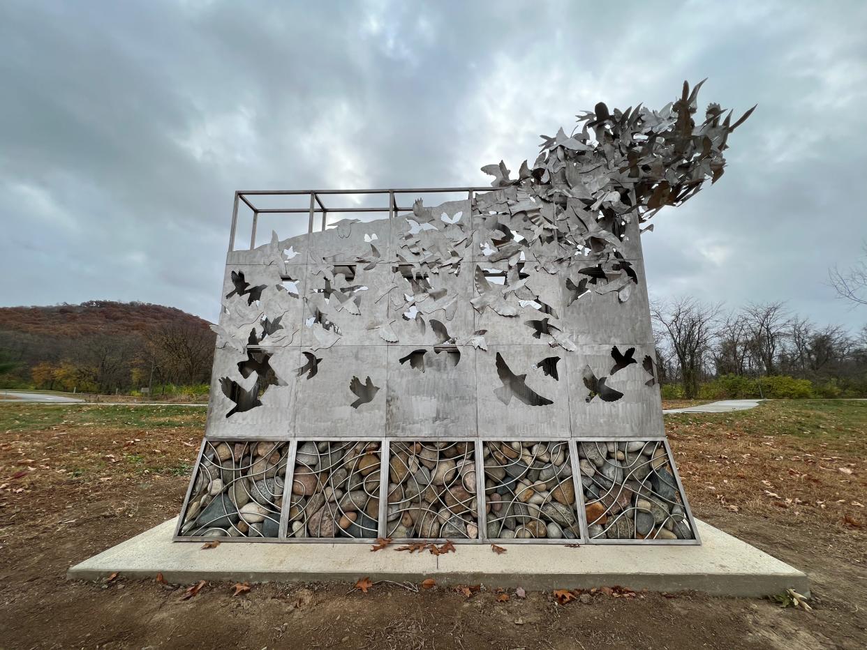 The statue in Great Seal State Park stands 15 feet tall and 12 feet wide. It memorializes first responders and victims of the pandemic in Ohio.