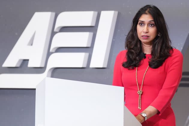 Suella Braverman delivers her speech to the American Enterprise Institute in Washington DC.