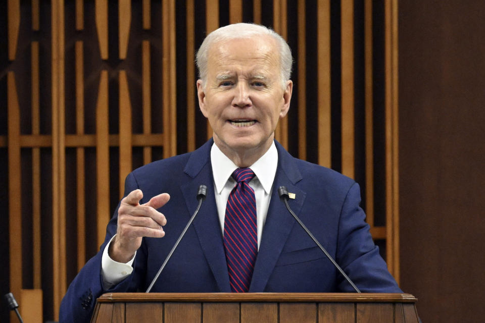 President Joe Biden speaks to the Canadian Parliament in Ottawa, Canada, Friday, Mach 24, 2023. (Mandel Ngan/Pool via AP)