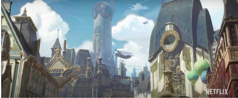 The city of Piltover is a shining metropolis of progress and prosperity that stands tall over Zaun. (Screenshot courtesy of Riot Games/Netflix)