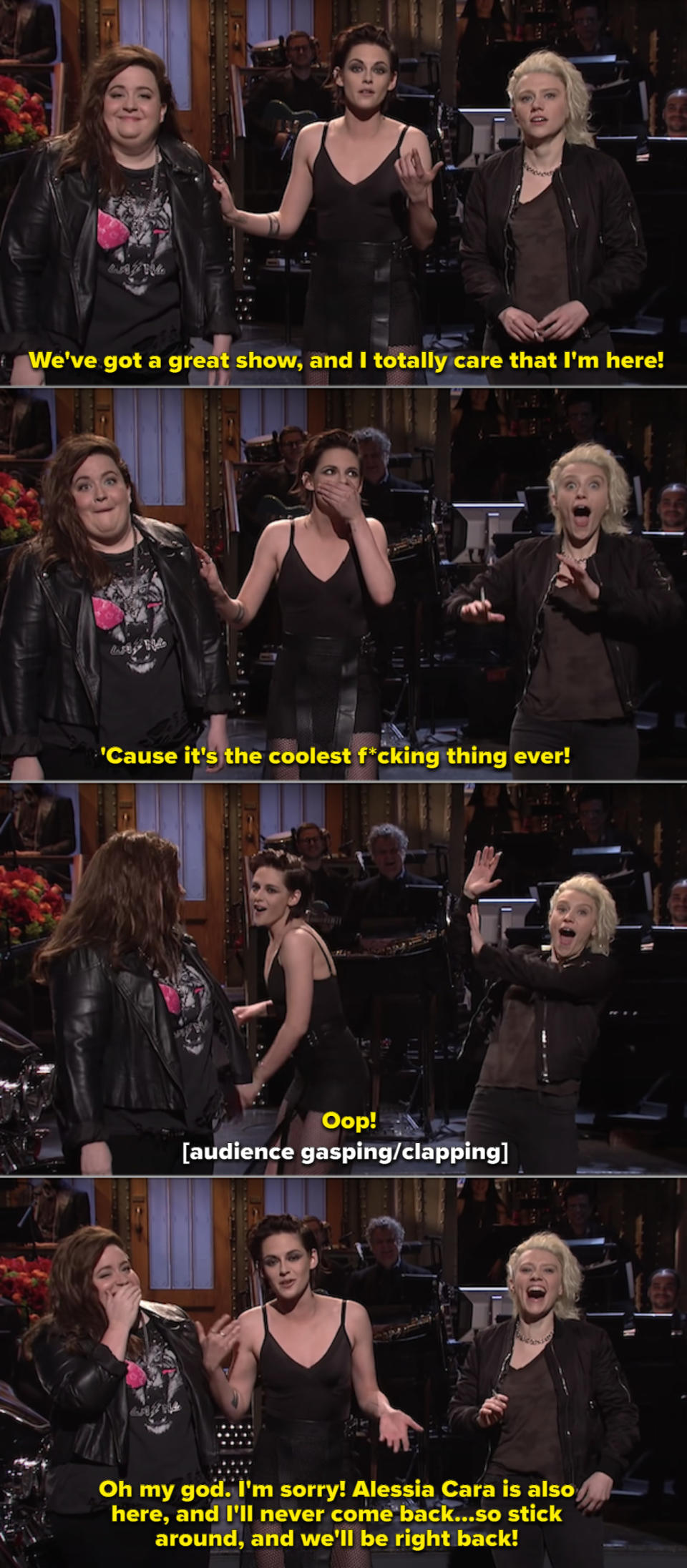 Kristen Stewart on stage during her "SNL" monologue with Kate McKinnon and Aidy Bryant