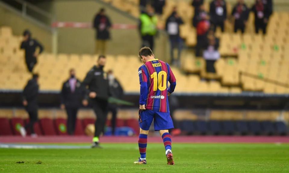 Lionel Messi trudges off after his first red card for Barcelona.