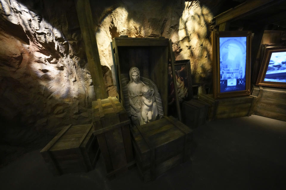 A recreation of a cave where works of art looted by German soldiers were hidden, is part of the new pavilion of the National World War II Museum, in New Orleans, Tuesday, Oct. 31, 2023. The latest major addition to the museum is called the Liberation Pavilion. And it's ambitious in scope. The grim yet hopeful addition addresses the conflict's world-shaping legacy. (AP Photo/Gerald Herbert)