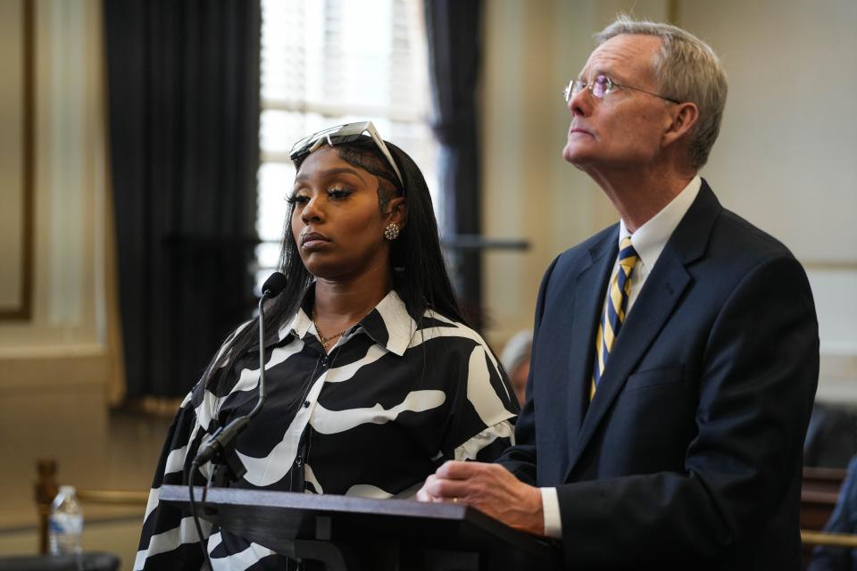 Shalonda Mixon and her attorney at her hearing on Tuesday April 23, 2024 for a shooting that happened at her brother's house last year in Anderson Township. Mixon pleaded guilty and was given 3 years probation and a $2,500 fine for tampering with evidence.