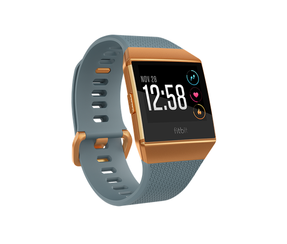 The new Fitbit Ionic smartwatch, pictured in blue and burnt orange.