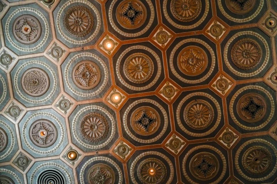 A detail shot of the ballroom's ornate ceiling.