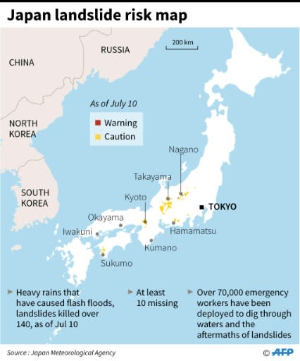 Map of Japan showing landslide warning, as of July 10