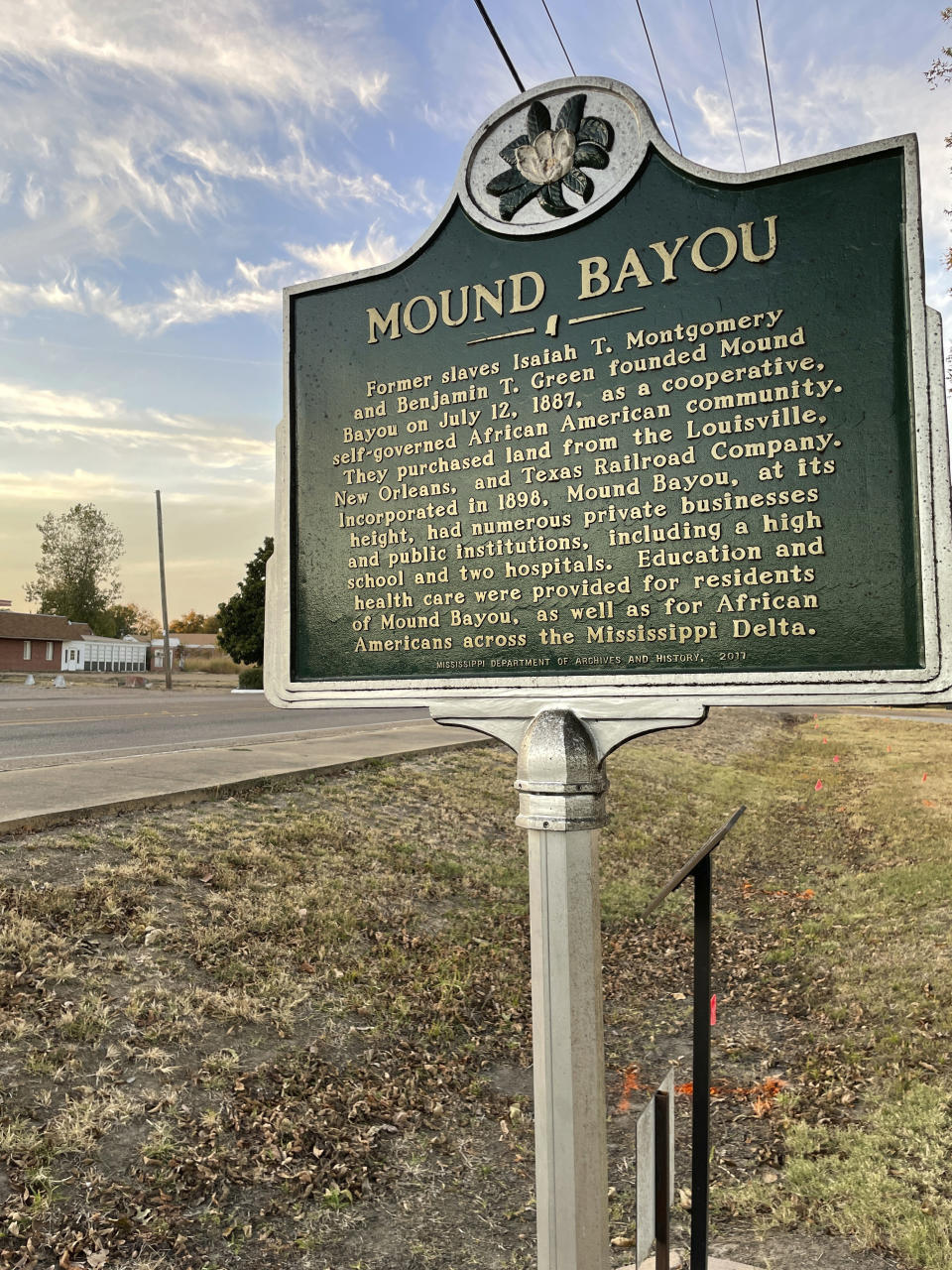 A roadside historical marker in Mound Bayou, Miss., is displayed Thursday, Oct. 27, 2022. Hundreds of people turned out for a screening of the movie "Till" in the town of 1,500 residents. The feature film is going into wide release across the U.S. this weekend after being in limited release since Oct. 14. (AP Photo/Emily Wagster Pettus)