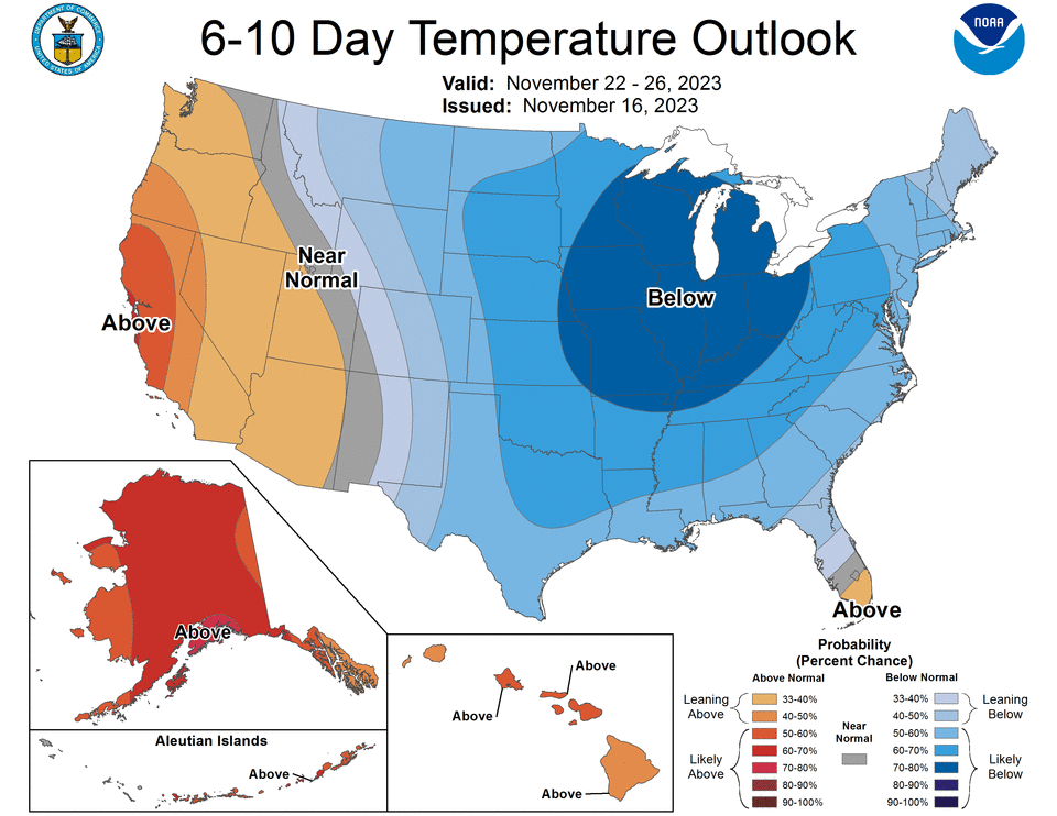 6-10 day temperature outlook for Nov. 22-26, 2023.