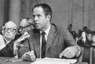 <p>Former top aide to the president H.R. Haldeman testifies before the Senate Watergate Committee in Washington for the second day, July 31, 1973. Behind Haldeman are his attorneys John J. Wilson, left, and Frank Strickler. (Photo: AP) </p>