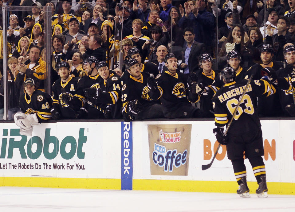 BOSTON, MA - DECEMBER 19: Brad Marchand #63 of the Boston Bruins returns to the bench after scoring at 14:14 of the third period against the Montreal Canadiens at the TD Garden on December 19, 2011 in Boston, Massachusetts. The Bruins defeated the Canadiens 3-2. (Photo by Bruce Bennett/Getty Images)