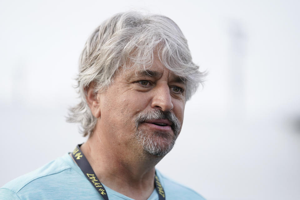 Steven Asmussen, trainer for Preakness entrant Epicenter, the runner up in the Kentucky Derby, talks to the press ahead of the Preakness Stakes Horse Race at Pimlico Race Course, Thursday, May 19, 2022, in Baltimore. (AP Photo/Julio Cortez)