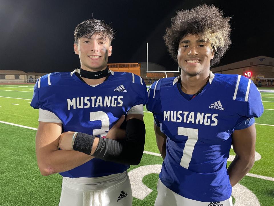 Ingleside quarterback Aiden Jakobsohn, left and receiver Jaydon Smith accounted for four of the team's six touchdowns in Friday's district win against Orange Grove.